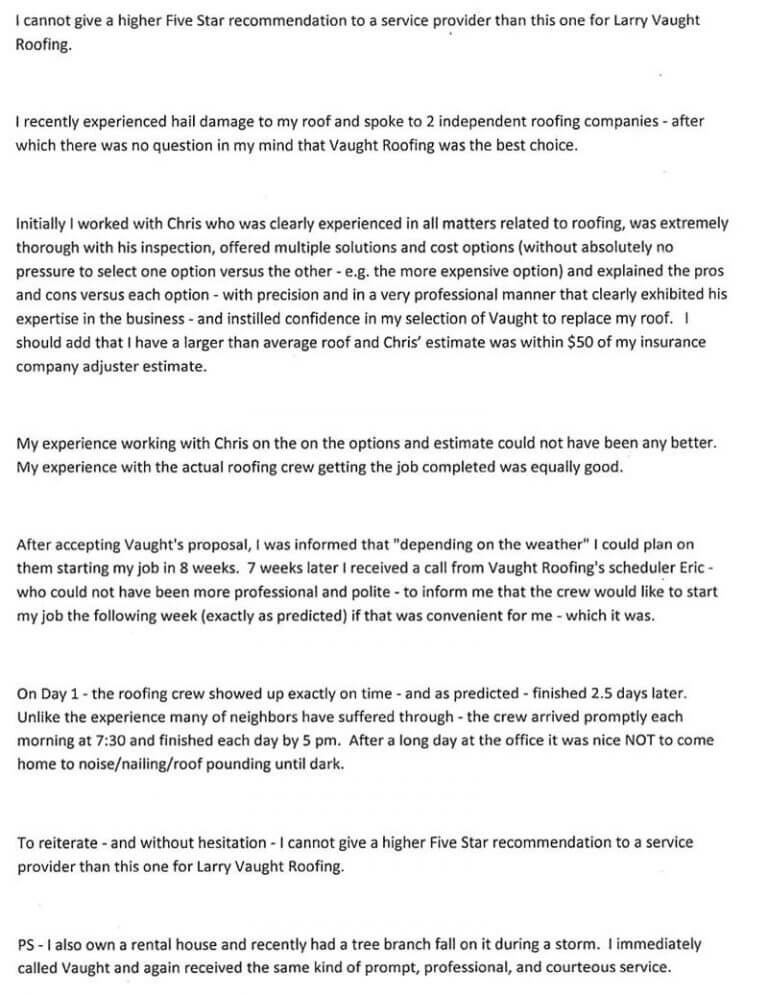 Roofing Company Testimonials Larry Vaught Roofing Kansas City, MO
